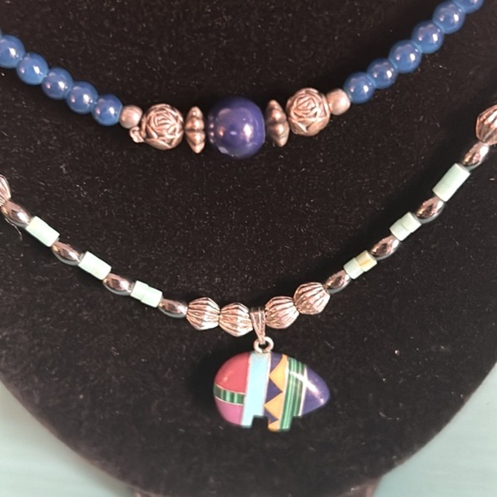 Vintage Multi Gemstone Silver Tube Bead Native American Bear Charm Necklace Set